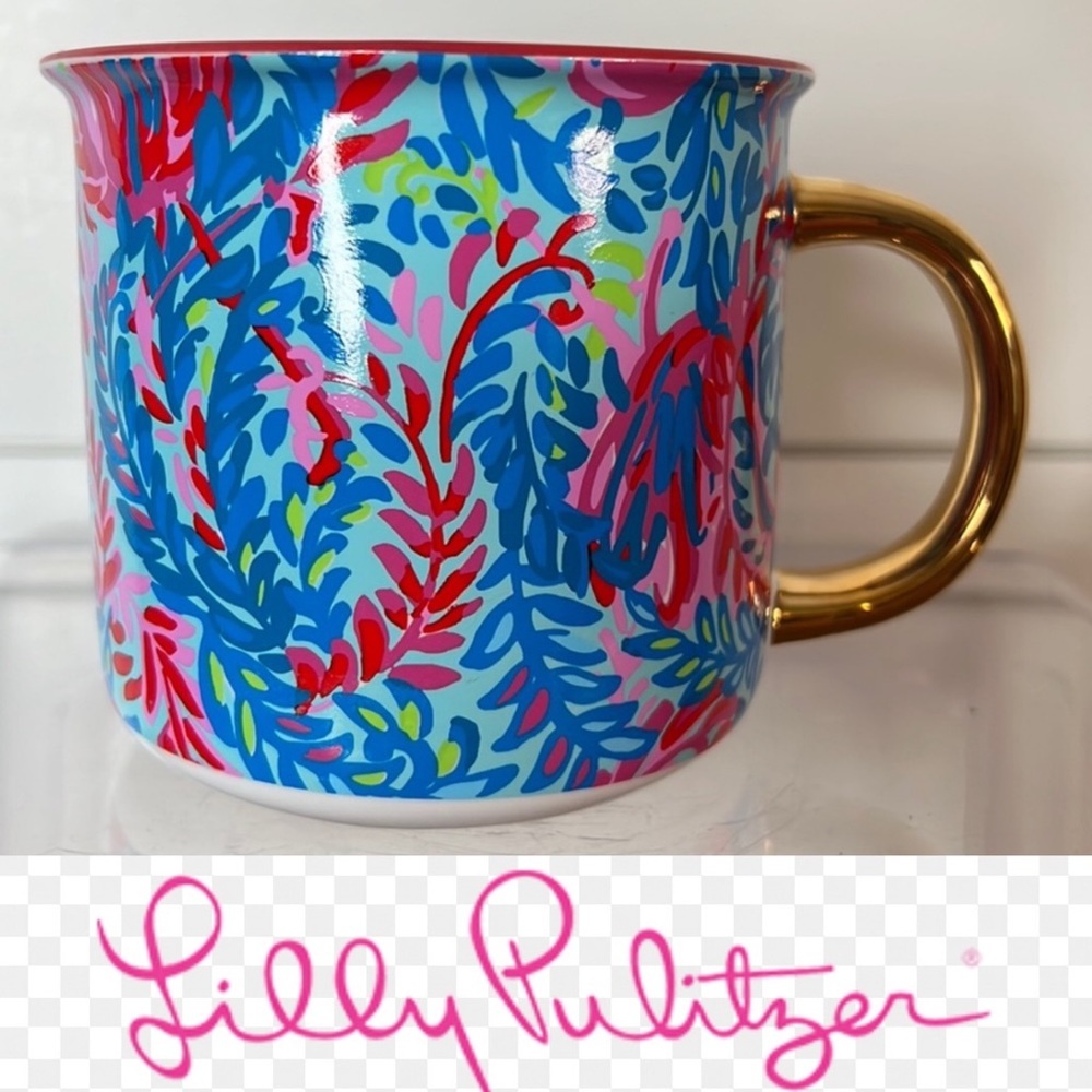 Lilly Pulitzer‎ 12 oz. ‘Holidaze’ Surf Blue Cup in Blue, Pink & Gold.